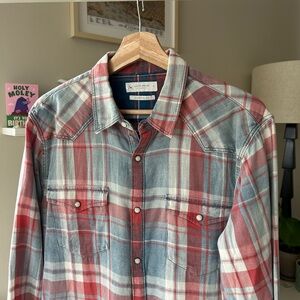 Lucky Brand Plaid Indigo Western Shirt - Red and Blue Pearl Snap